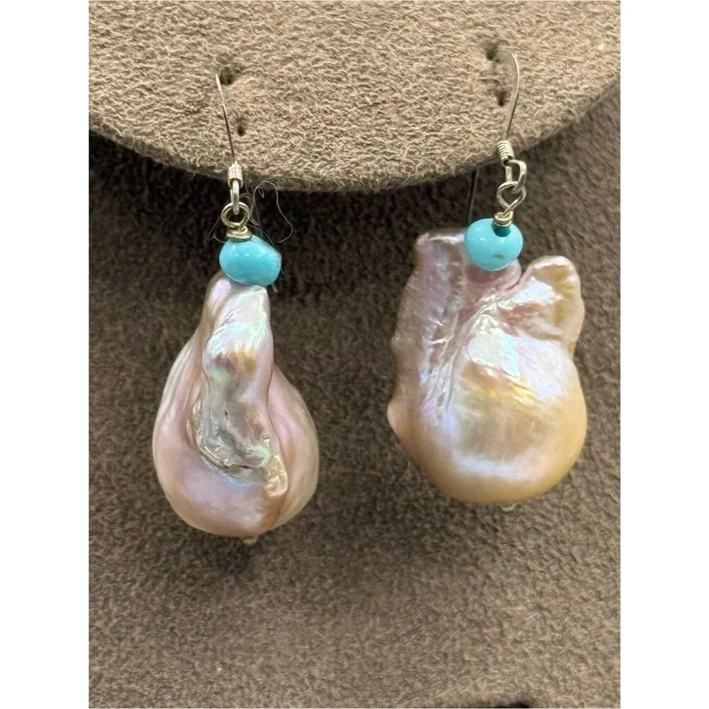Freshwater Pearl & Turquoise Dangle Earrings - Pink Pearl